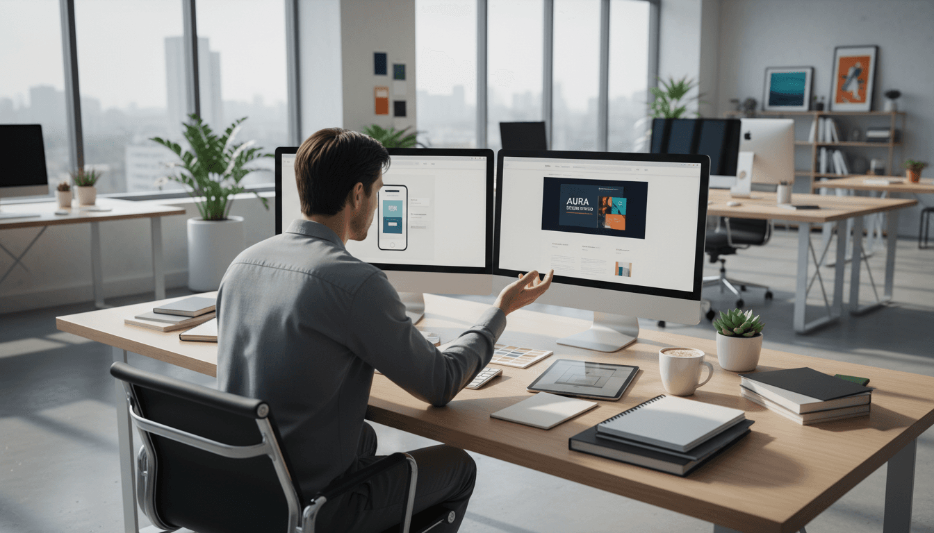 Professional designer working on website design in modern office setting